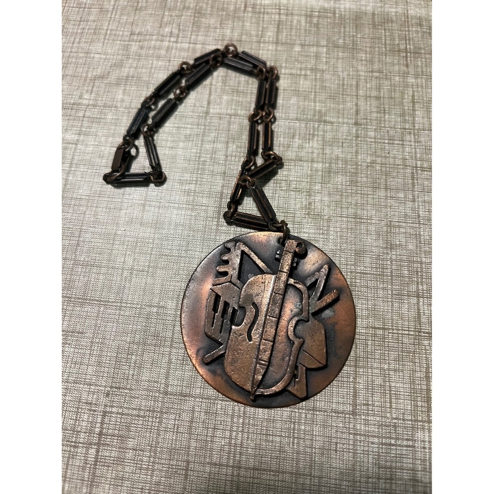 VTG 60 70s Brutalist Copper Musical Instrument Pendant Necklace Violin Piano Art
